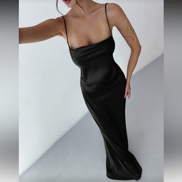 Black silk slip dress backless tie cami maxi dress draped low back cocktail - Picture 4 of 7